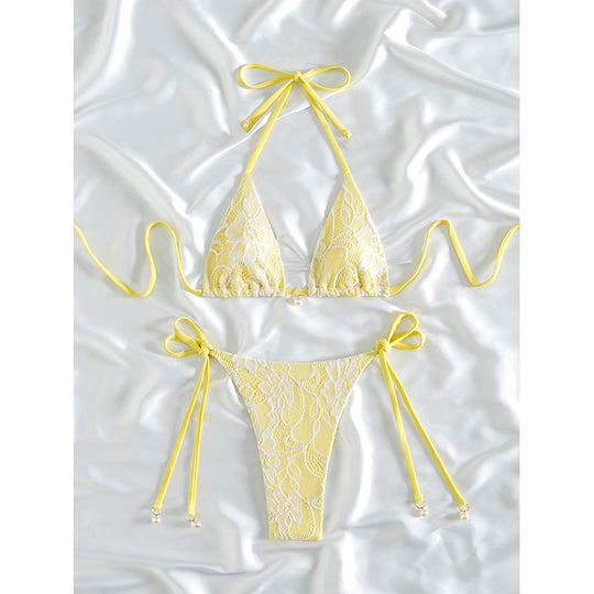 Damen Triangel-Bikini mit feinem Spitzenmuster und verspieltem Schleifendetail R&B