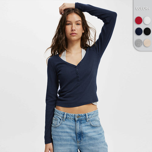 Damen Langarmshirt mit tiefem V-Ausschnitt und Knopfleiste R&B
