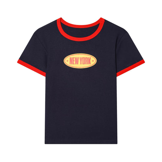 Damen Freizeit T-Shirt mit kontrastierenden Ärmeln und trendigem Schriftzug R&B
