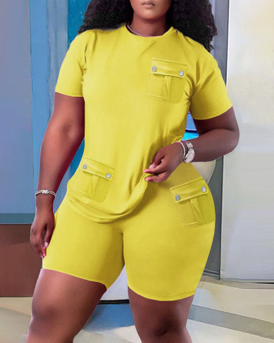 Damen Sportliches Oberteil und Shorts Set mit praktischen Taschen R&B