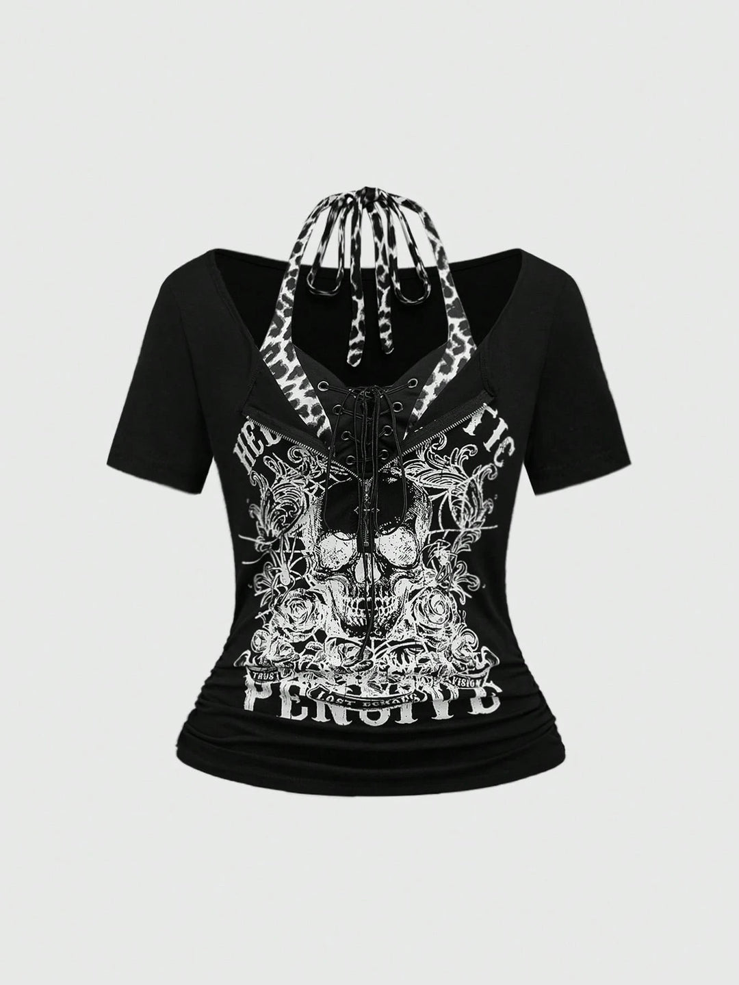 Damen Trendy Crop-Top mit einzigartigem Grafikdruck und Schnürdetails R&B