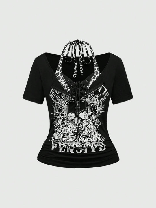 Damen Trendy Crop-Top mit einzigartigem Grafikdruck und Schnürdetails R&B