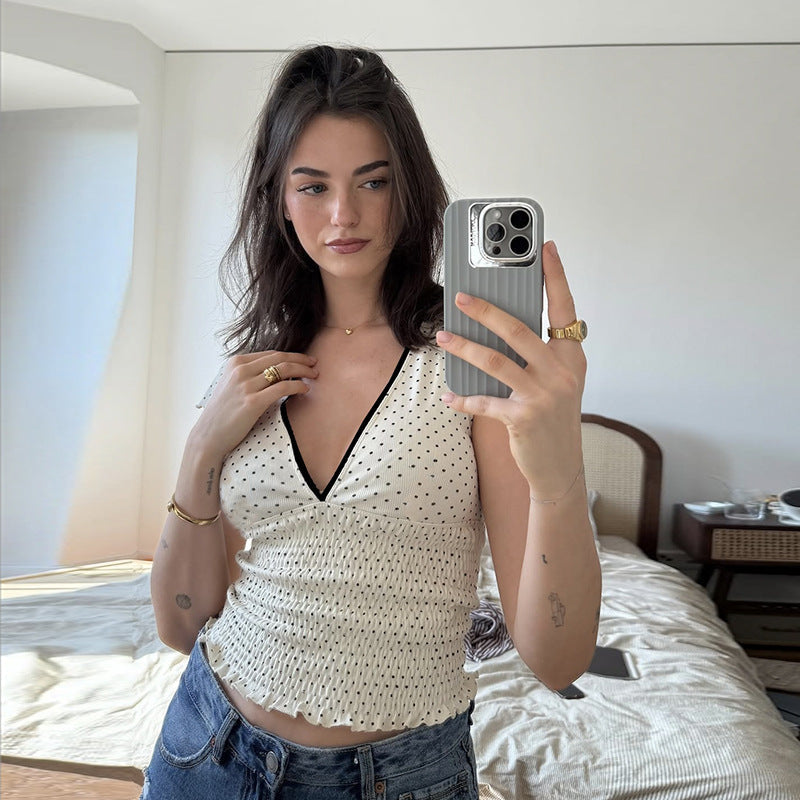Damen Elegantes V-Ausschnitt Oberteil mit Rüschen und Punkten R&B