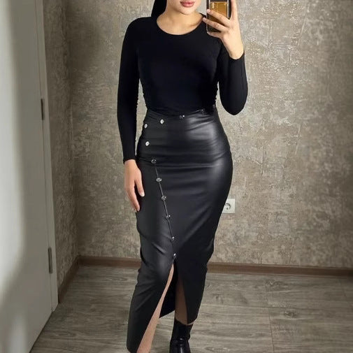 Damen Hochtaillierter Kunstleder-Rock mit Knopfdetails und Schlitz R&B