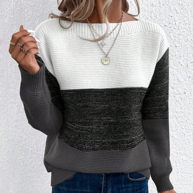 Damen bequemer Strickpullover mit modernem Farbblockdesign und lässigem Schnitt R&B