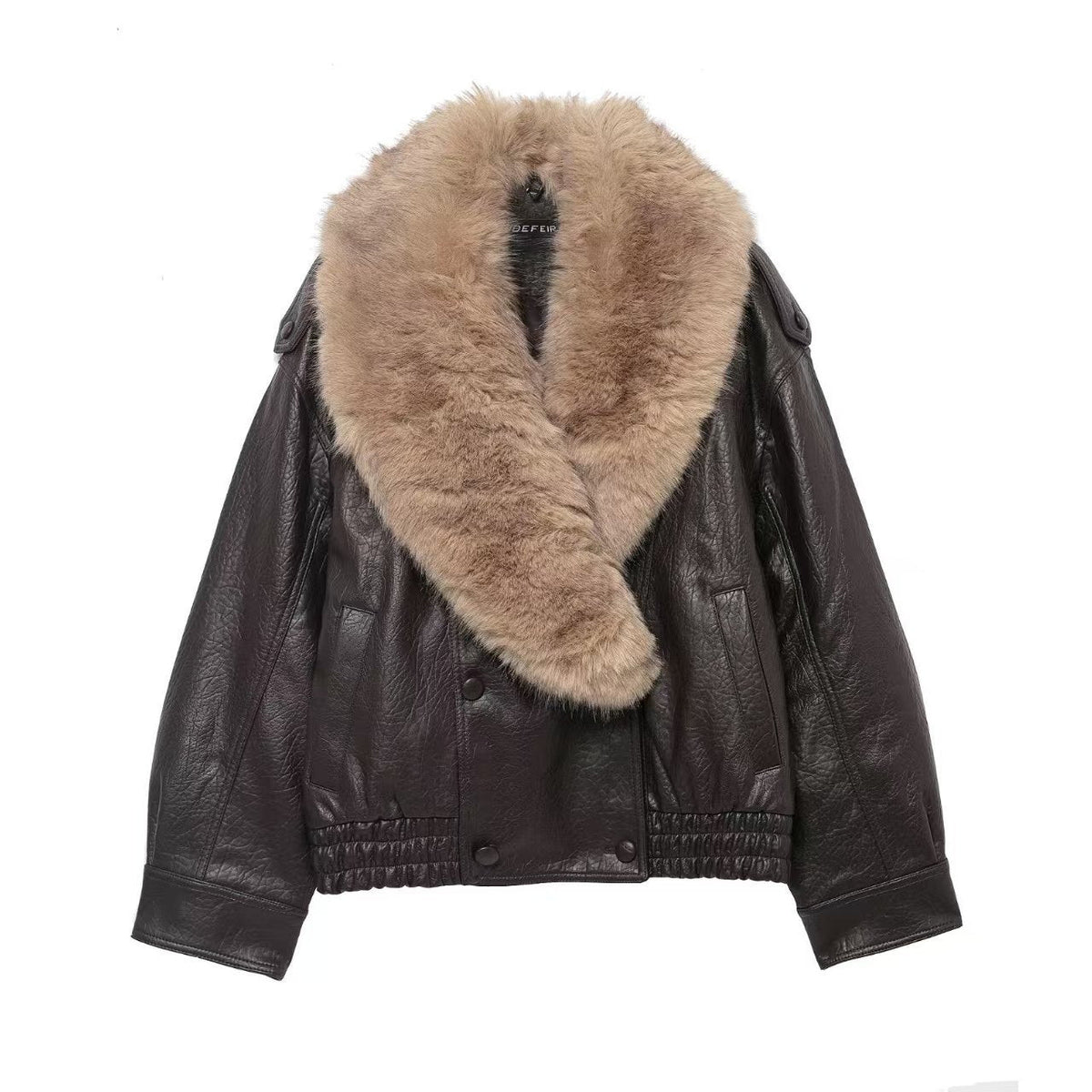 Damen nan kurze Lederjacke mit voluminösem Fellkragen, elastischem Bund und aufgesetzten Eingrifftaschen R&B