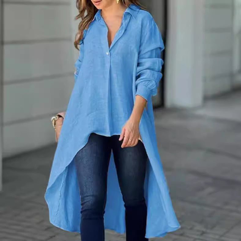 Damen Lässige Langarmbluse mit asymmetrischem Schnitt und Knopfdetails R&B