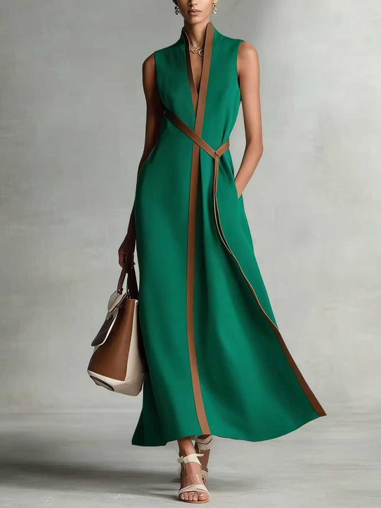 Damen elegantes Maxikleid mit Taillenschnitt und schmalem Gürtel R&B