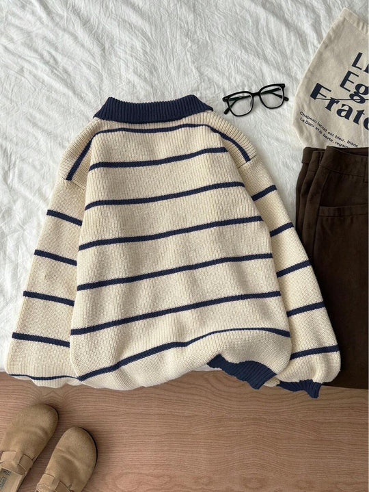 Damen Pullover mit Polokragen und gestreiftem Design R&B