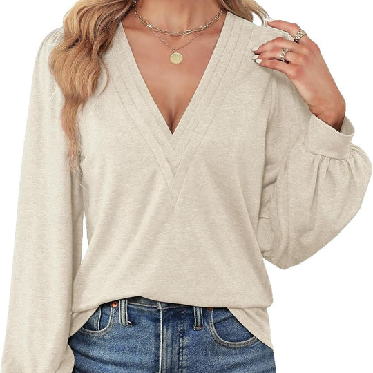 Damen Elegantes Blusenshirt mit V-Ausschnitt und puffförmigen Ärmeln R&B