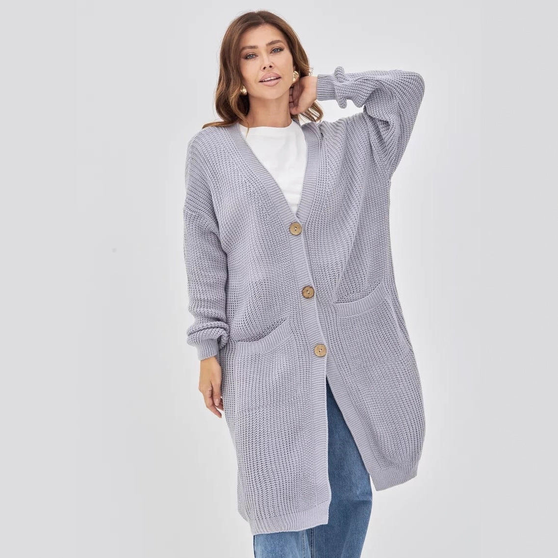 Damen Grobstrick-Cardigan mit schlichten Holzknöpfen und praktischen Taschen R&B