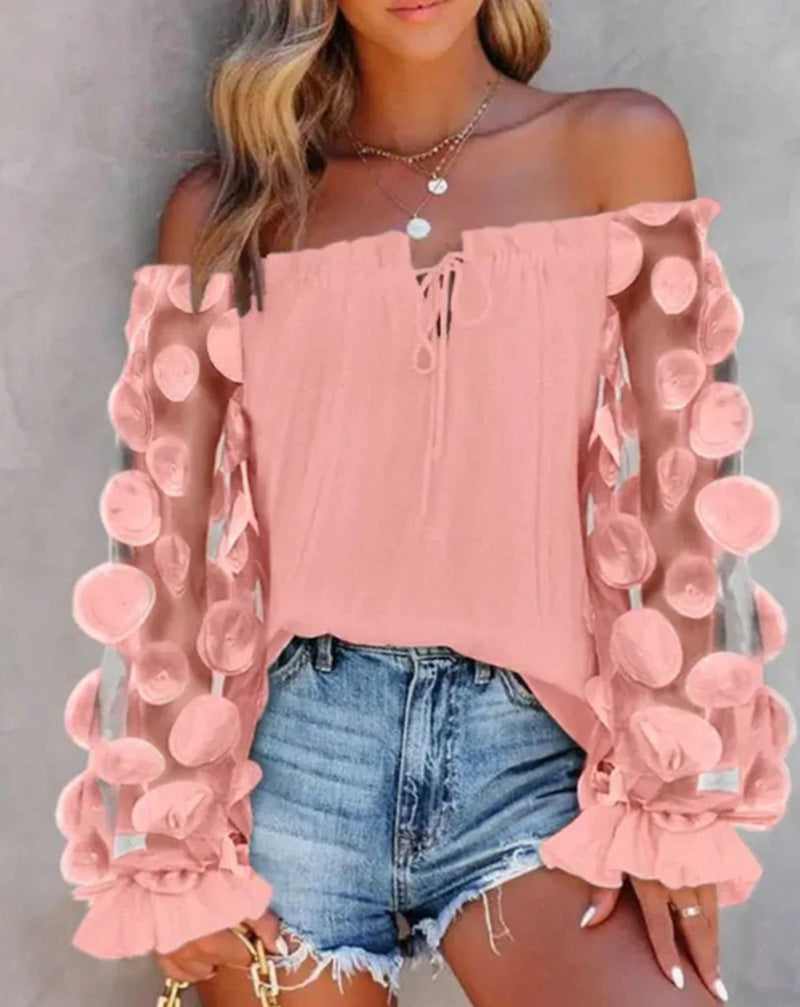 Damen nan schulterfreies Carmen-Top mit transparenten Organza-Ärmeln, kreisförmigen Applikationen und Volantmanschetten R&B