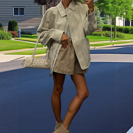 Damen lässige oversized Jacke aus hochwertigem Wildleder R&B