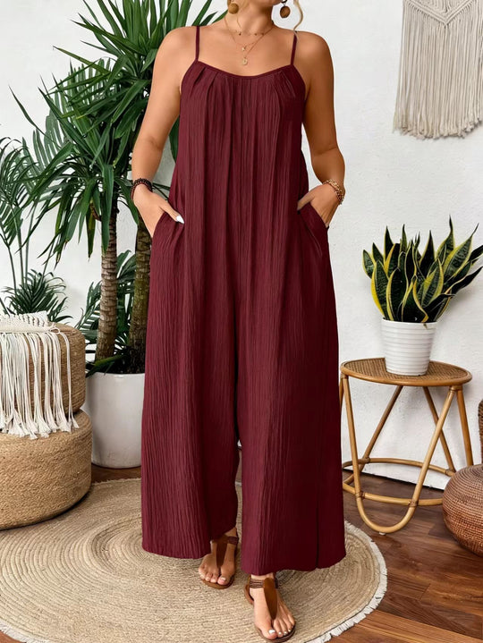 Damen luftiger Jumpsuit mit schmalen Spaghettiträgern und seitlichen Taschen R&B