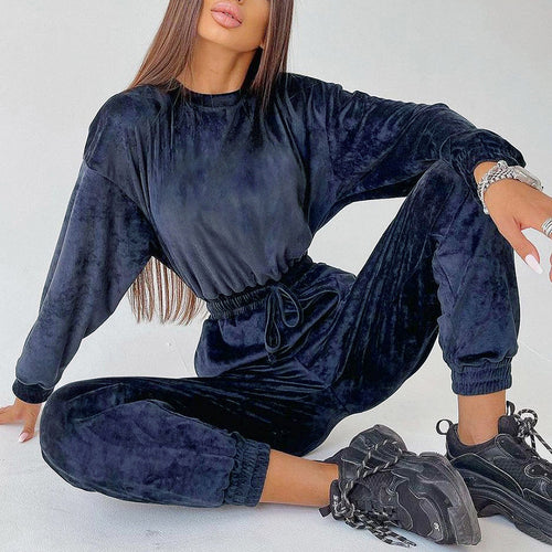 Damen Velours Jogginganzug mit weitem Schnitt und elastischem Bund R&B