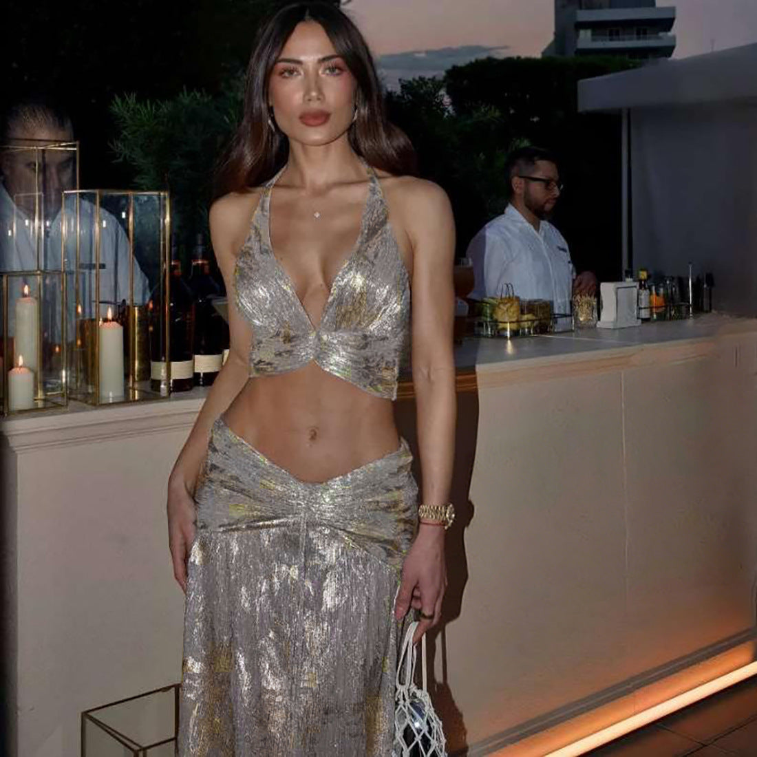 Damen Zweiteiliges glitzerndes Maxikleid mit raffinierten Schnürdetails R&B