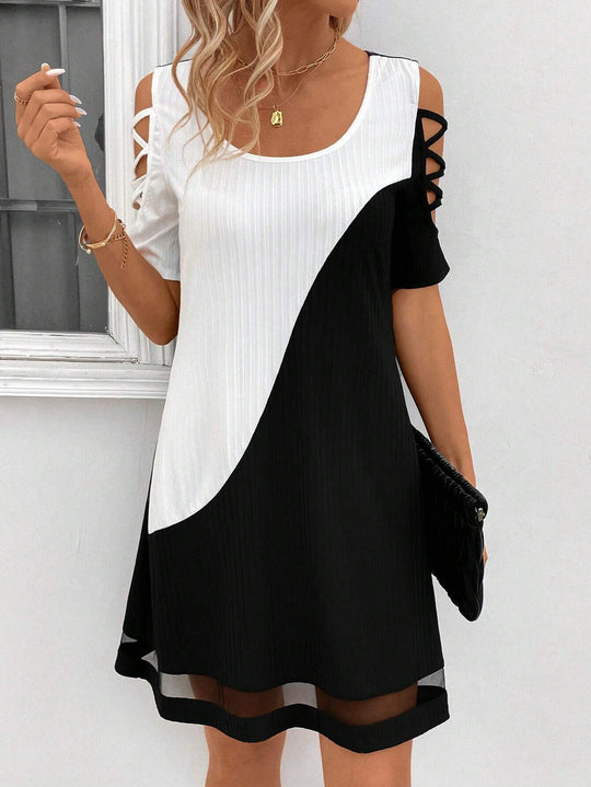 Damen modisches Freizeitkleid mit Cut-Out Ärmeln und asymmetrischem Design R&B