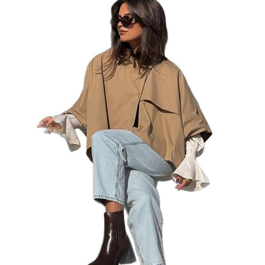 Damen modische capa-ähnliche Jacke mit schickem Knopfverschluss und voluminösen Ärmeln R&B