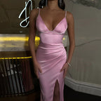 Damen Elegantes Satin-Maxikleid mit schmalem Schnitt und verführerischem V-Ausschnitt R&B