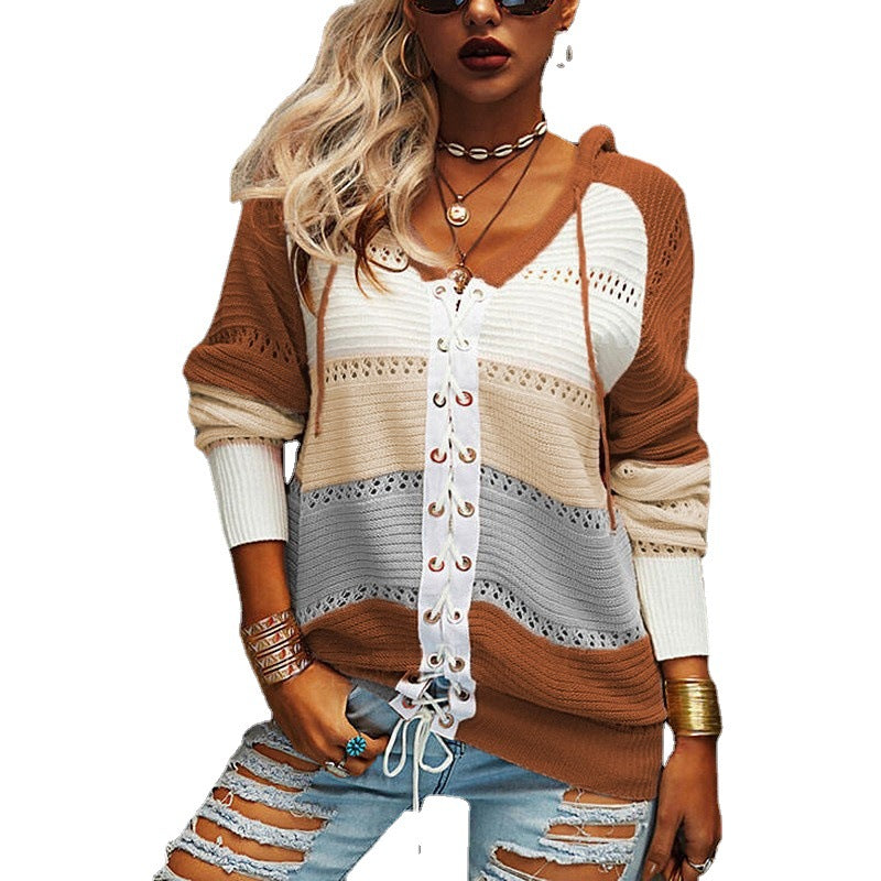 Damen Grobstrick Pullover mit Kapuze und modischem Linienmuster R&B