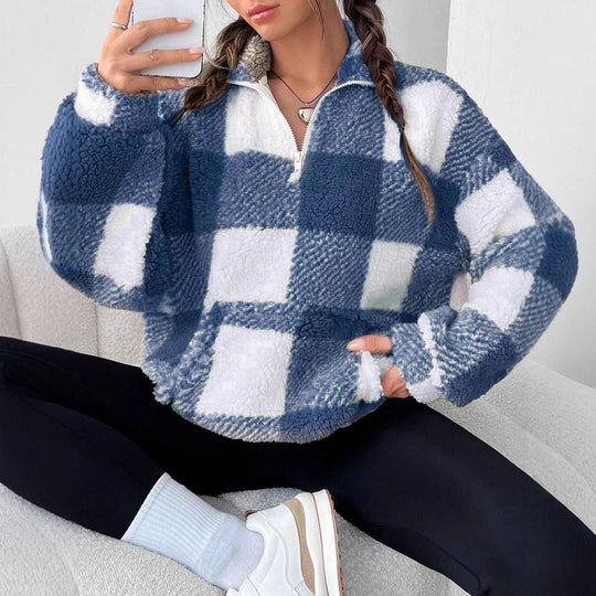 Damen Flauschiger Karopullover mit halbem Reißverschluss R&B