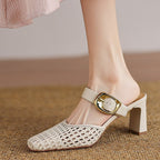 Damen elegante Mules mit modischem Geflecht und komfortablem Blockabsatz R&B