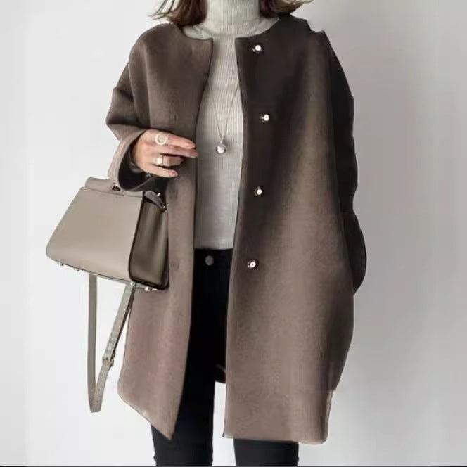 Damen Eleganter Oversized Wollmantel mit Doppelknopf-Verschluss und seitlichen Taschen R&B