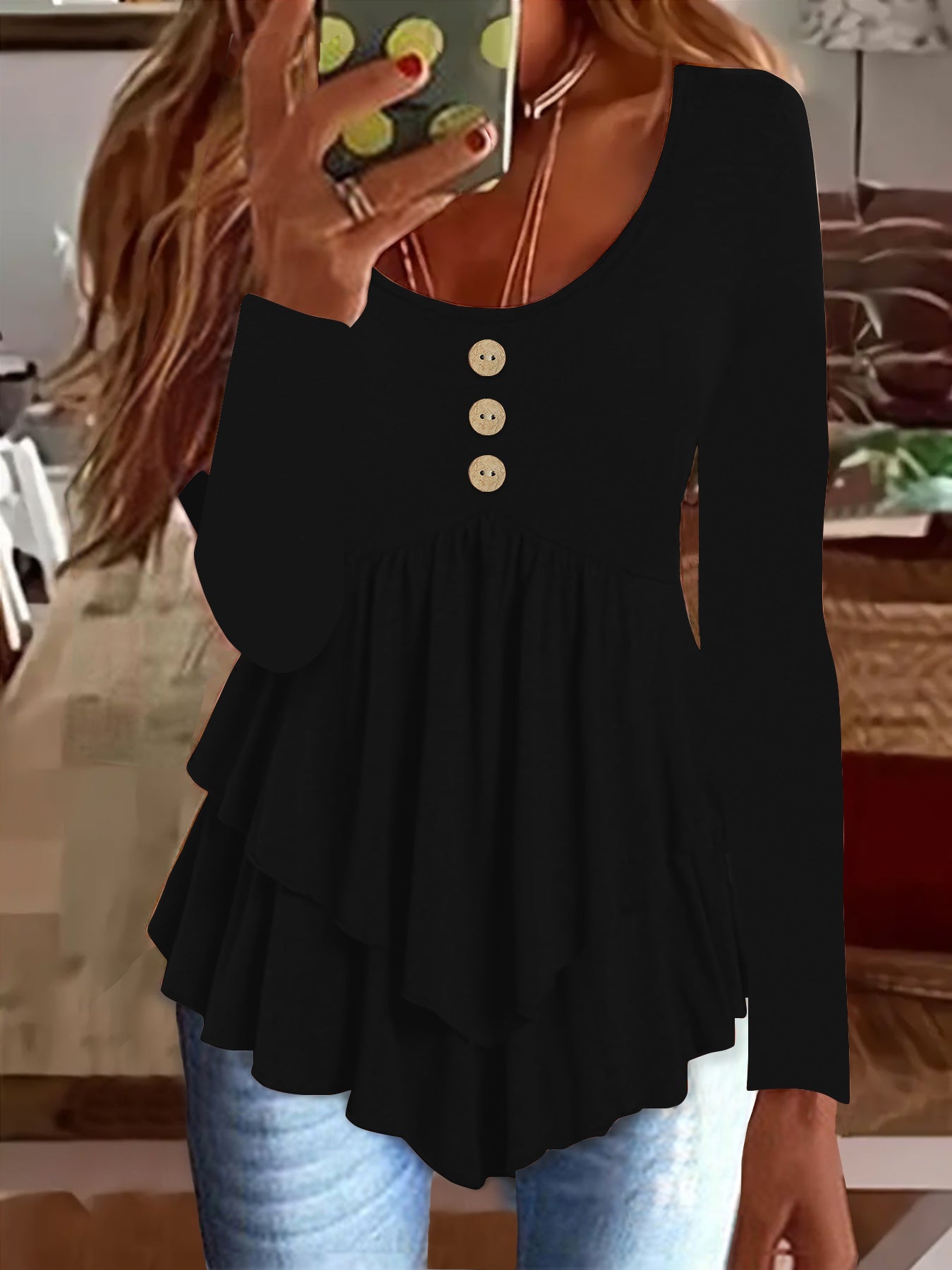 Damen Langarm Blusenshirt mit mehrlagigem Design und dekorativen Knopfdetails R&B
