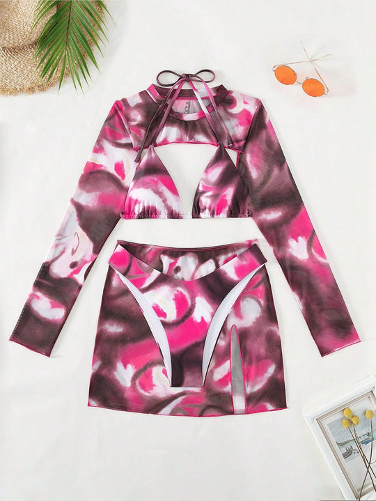 Damen Triangel-Bikini-Set mit langärmligem Oberteil und hohem Beinausschnitt R&B