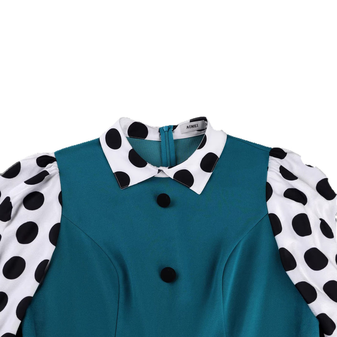 Damen figurbetontes Kleid mit Puffärmeln und Vintage-Kragen R&B