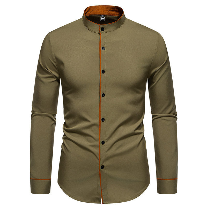 Herren Langarmhemd mit modernem Stehkragen und gesticktem Detail R&B
