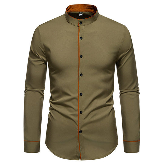 Herren Langarmhemd mit modernem Stehkragen und gesticktem Detail R&B