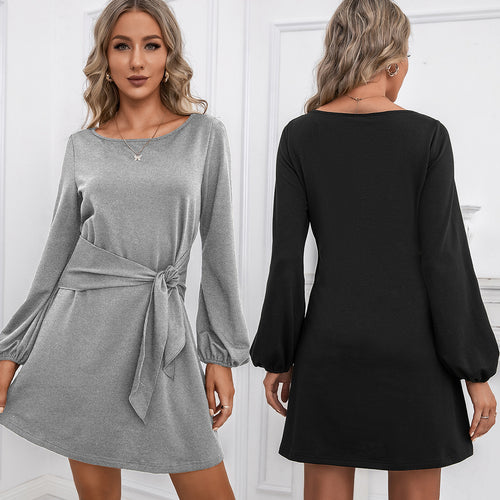 Damen elegantes Wickelkleid mit langem Arm und Taillengürtel R&B