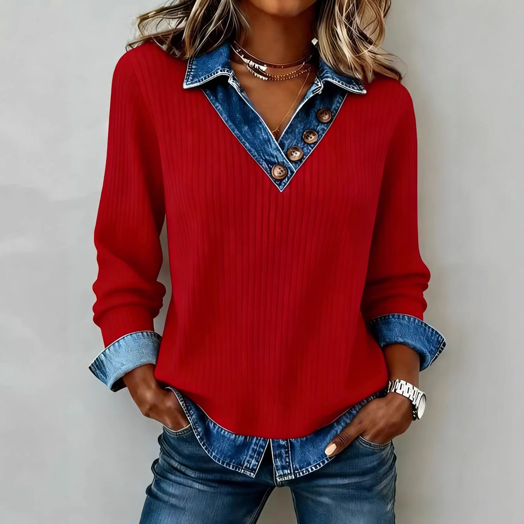 Damen Elegantes Strickshirt mit Jeanskragen und Knopfdetails R&B