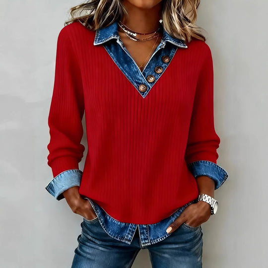 Damen Elegantes Strickshirt mit Jeanskragen und Knopfdetails R&B