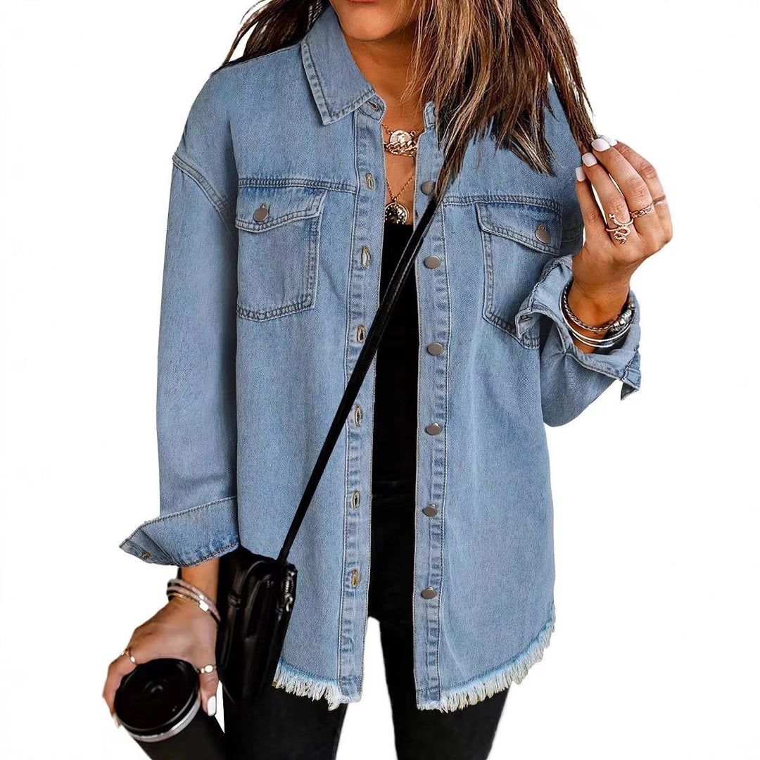 Damen lässiges Denim-Hemd mit fransigen Säumen und praktischen Brusttaschen R&B