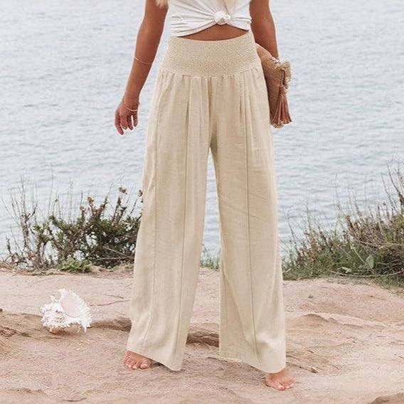 Damen weite und elegante Palazzo-Hose mit hohem Bund und Faltenwurf R&B