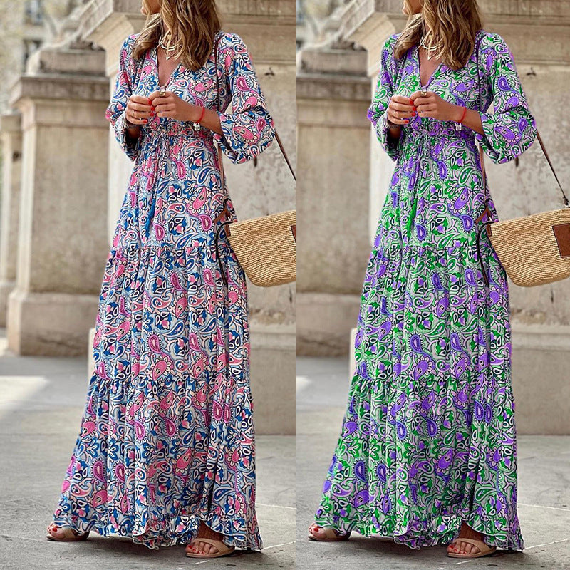 Damen Maxikleid mit floralen Mustern und voluminösen Ärmeln R&B