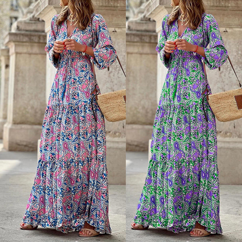 Damen Maxikleid mit floralen Mustern und voluminösen Ärmeln R&B