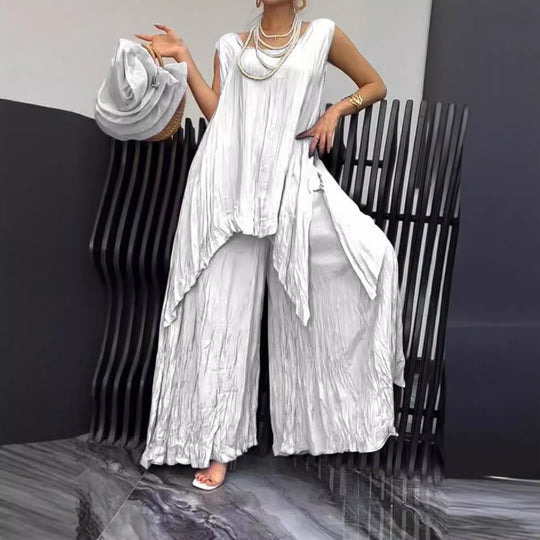 Damen nan luftiger Knitteroptik-Zweiteiler mit ärmelloser Tunika und weiter Palazzo-Hose R&B