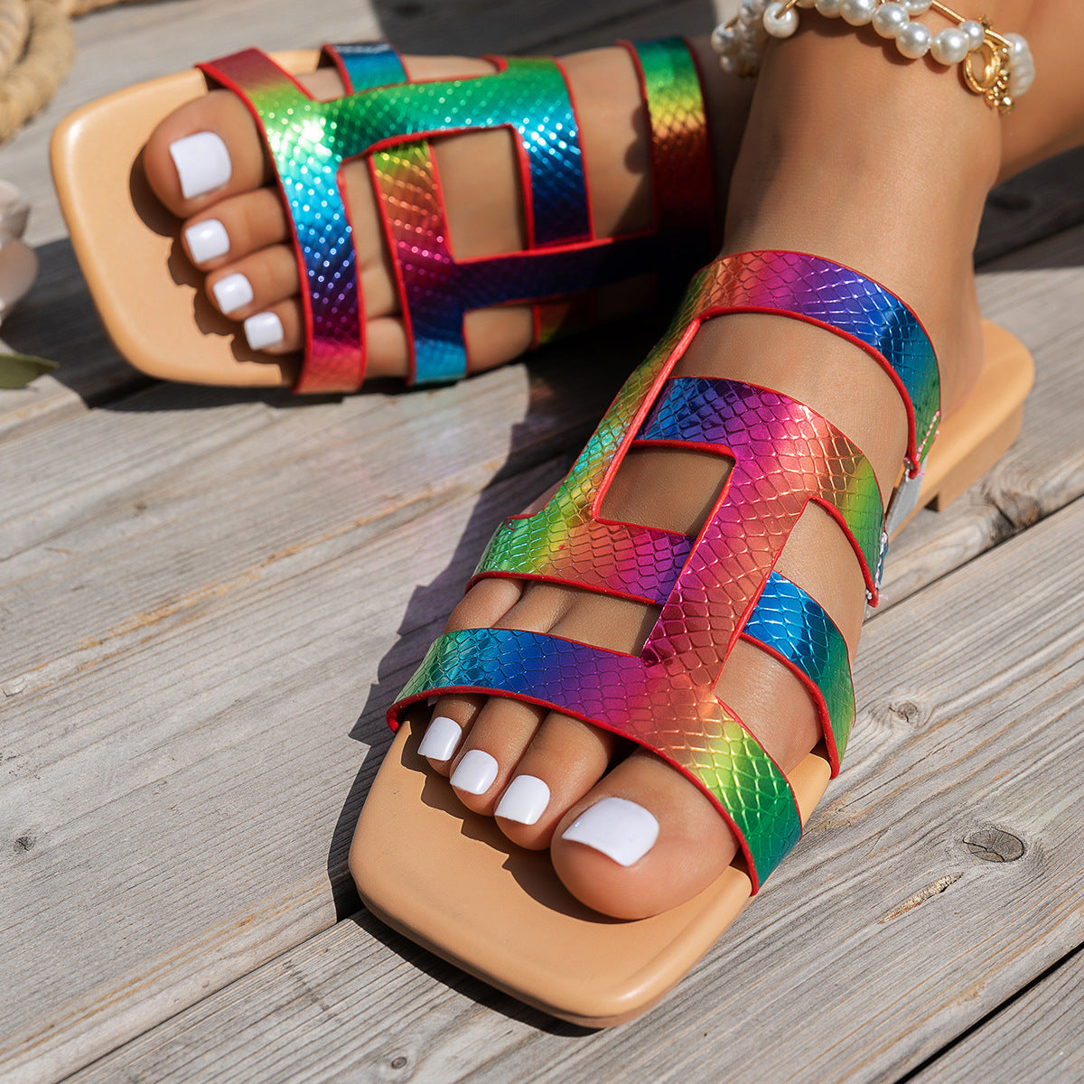 Damen Sommerliche Rutschfeste Sandalen mit Mehrfarbigem Riemen Design R&B