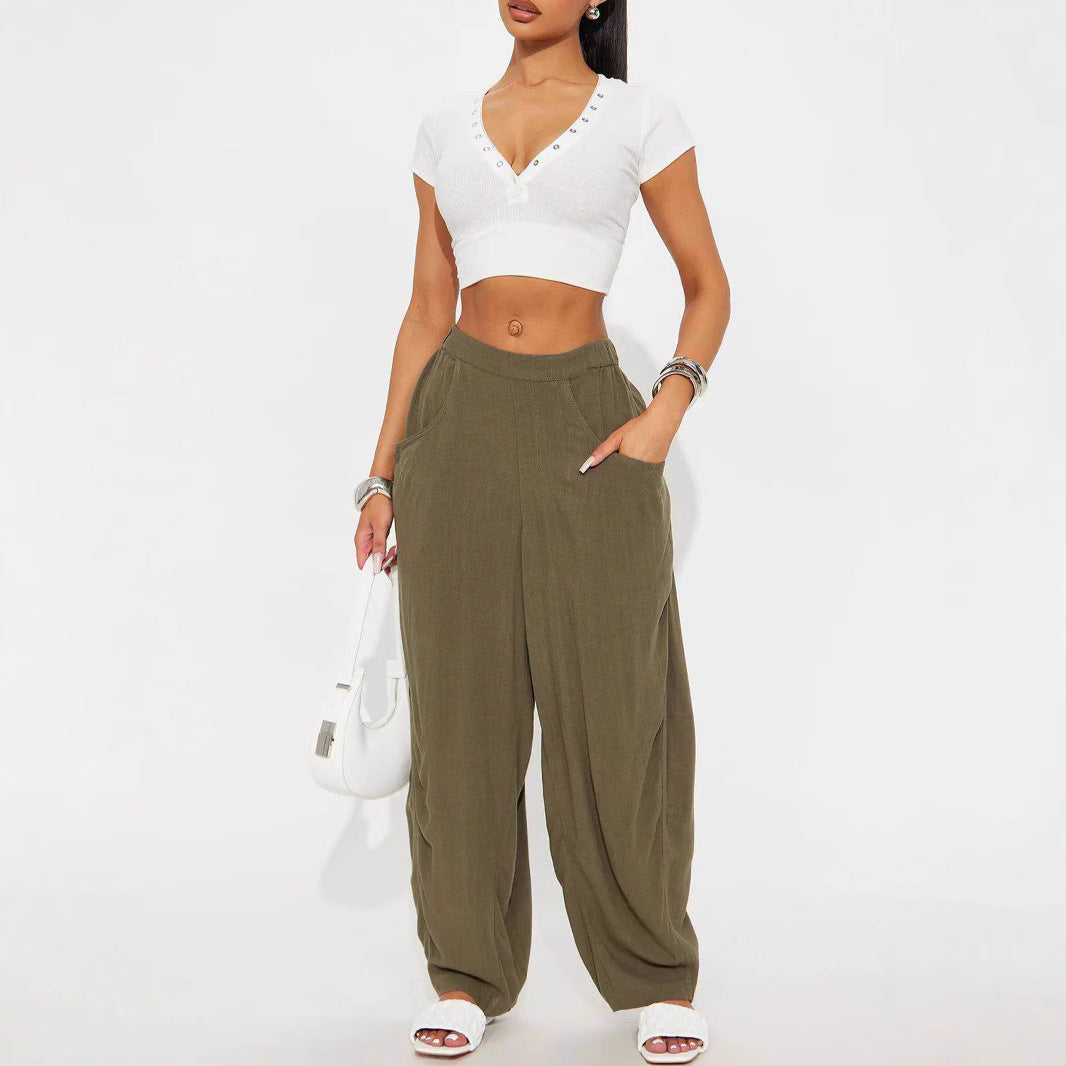 Damen Lässige Weite Stoffhosen mit praktischen Taschen