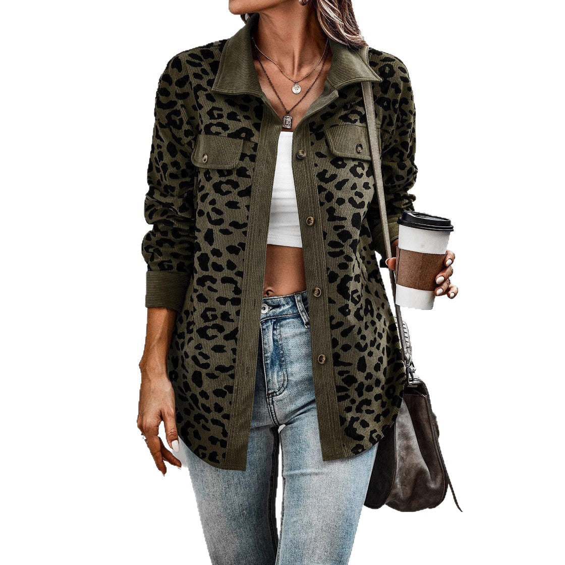 Damen gestreifter Hemdenjacke mit Leopardenmuster R&B