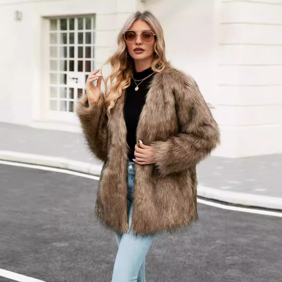 Damen Luxe Kunstfelljacke mit offenem Kragen R&B