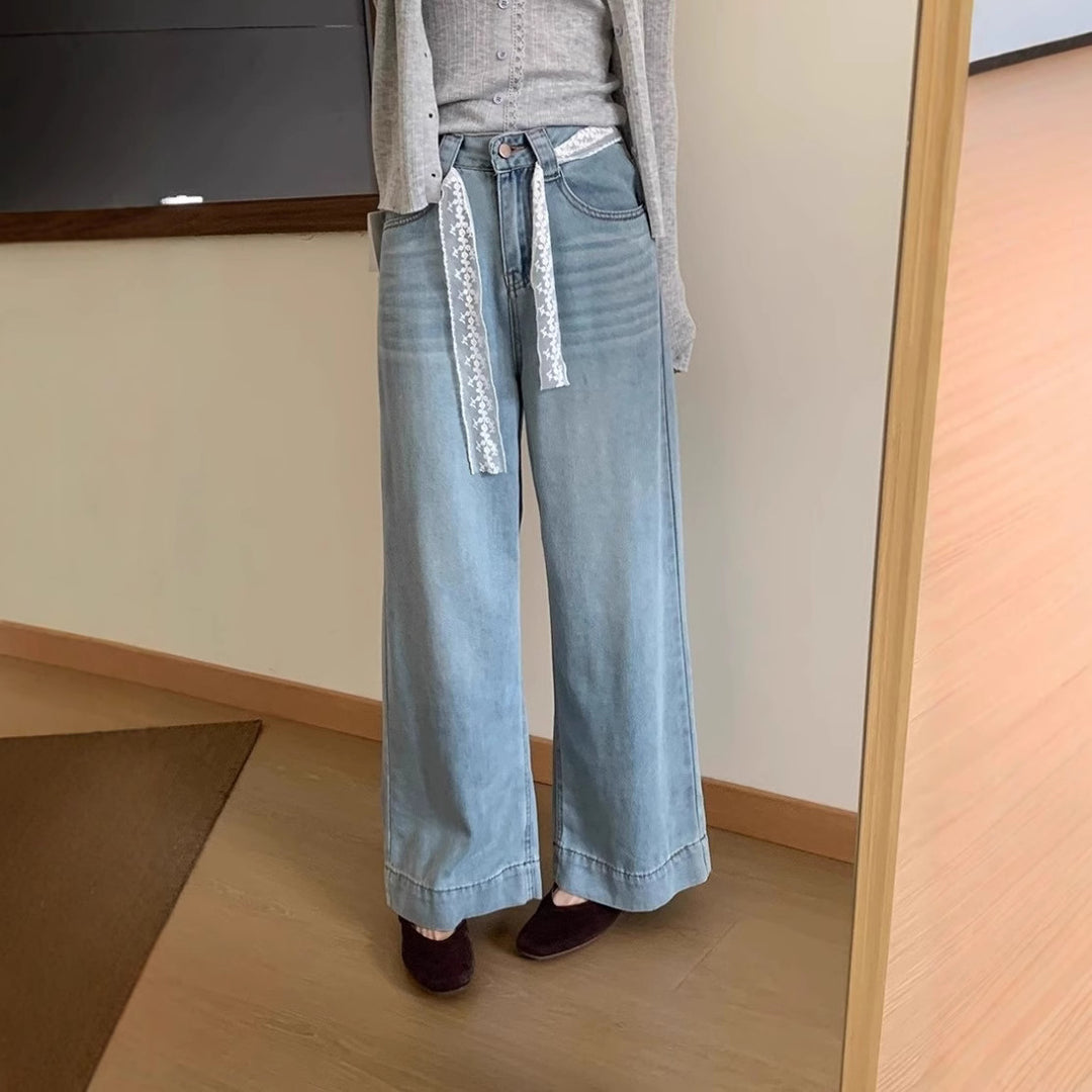 Damen Weite High-Waist Jeans mit dekorativem Kordelzug R&B
