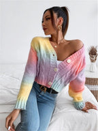 Damen Modischer Oversized-Cardigan mit buntem Farbverlauf und Knopfdetails R&B