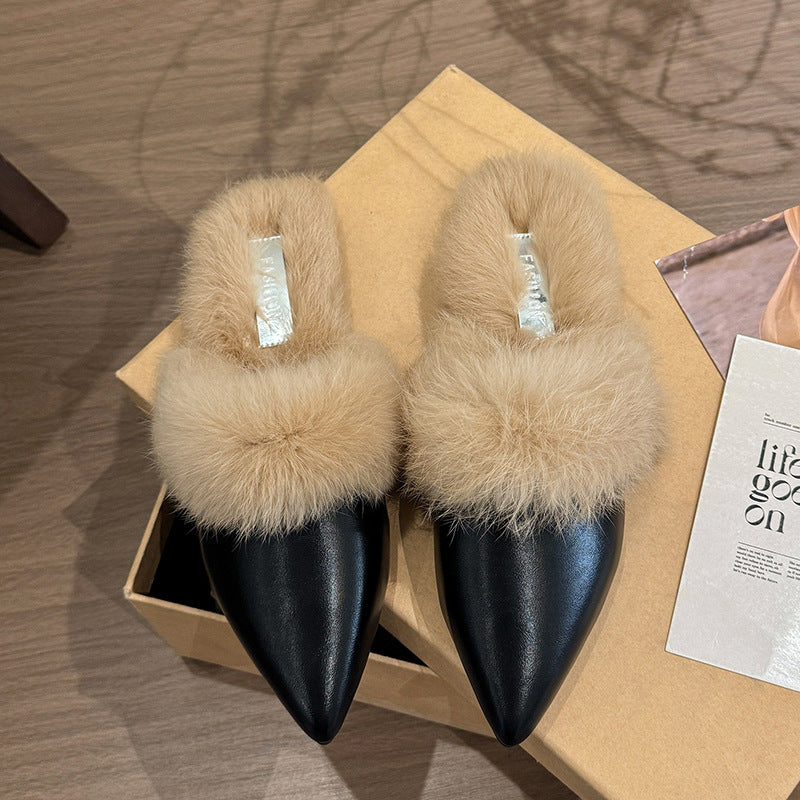 Damen elegante Ballerina mit luxuriösem Kunstfellkragen R&B