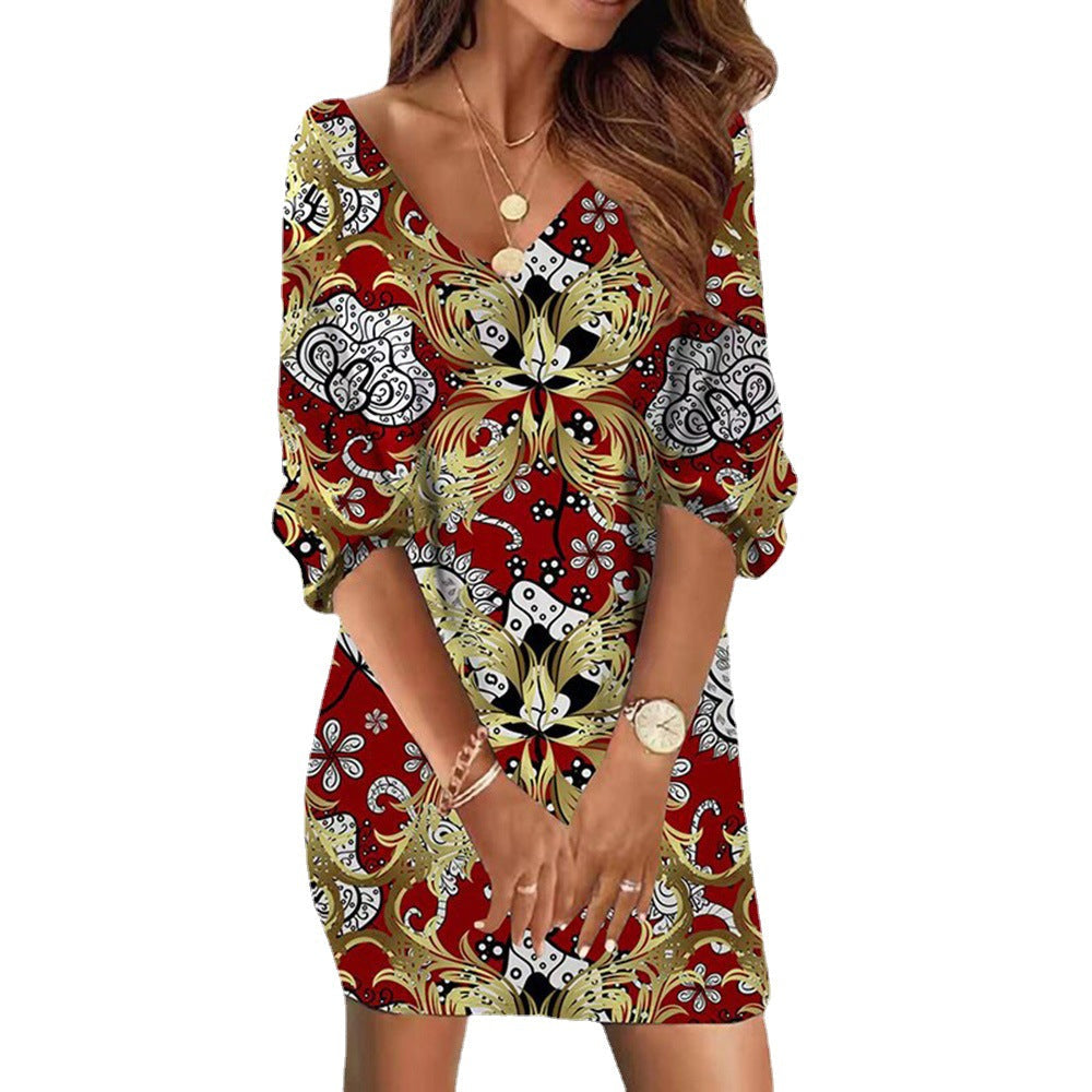 Damen Freizeitkleid mit verspieltem Camouflage-Muster und V-Ausschnitt R&B
