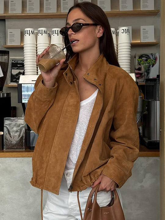 Damen modische Wildlederjacke mit praktischen Taschen und bequemem Schnitt R&B