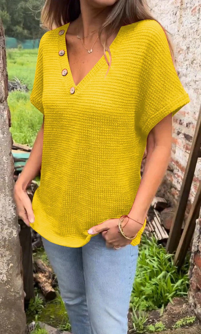 Damen lässiger V-Ausschnitt Pullover mit Knöpfen R&B